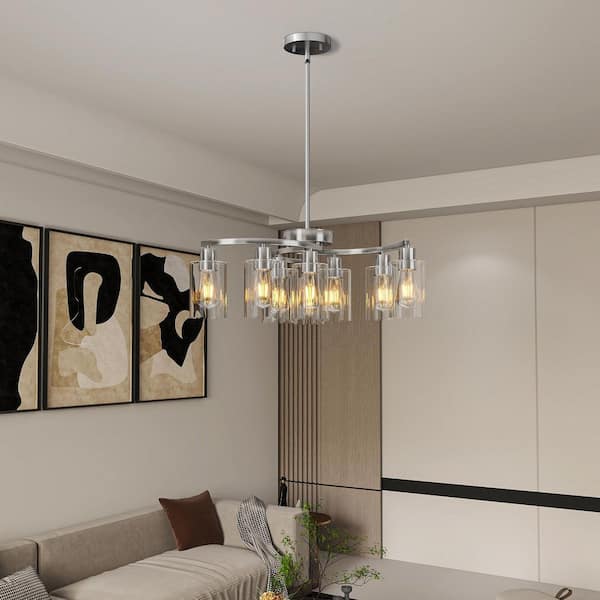 9-Light Chrome Chandelier Light Fixture with Clear Glass Shades, Adjustable Height Hanging Light