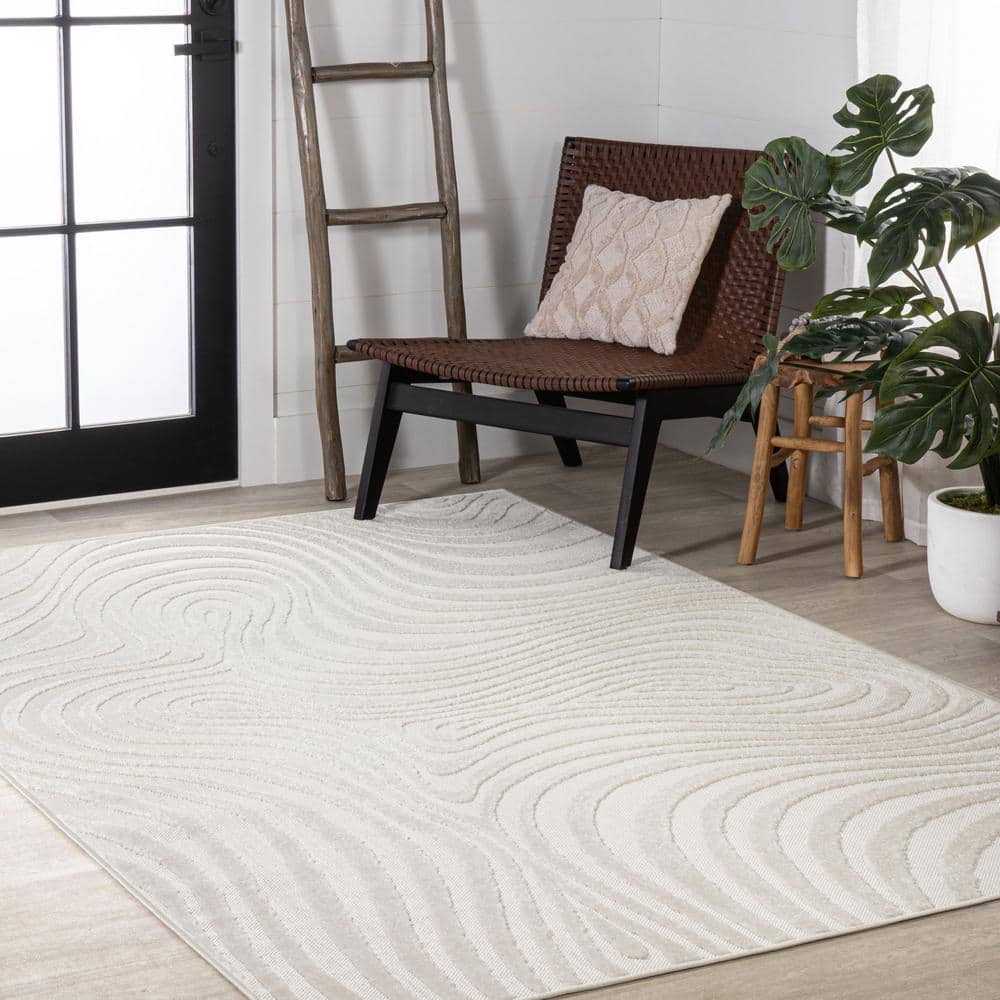 Cream and Ivory 8' x 10' High-Low Striped Synthetic Area Rug