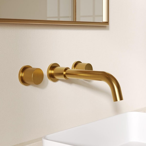Wall Mount Bathroom Faucet with 2 Handles, Pop-Up Drain, 360° Swivel Spout in Brushed Gold