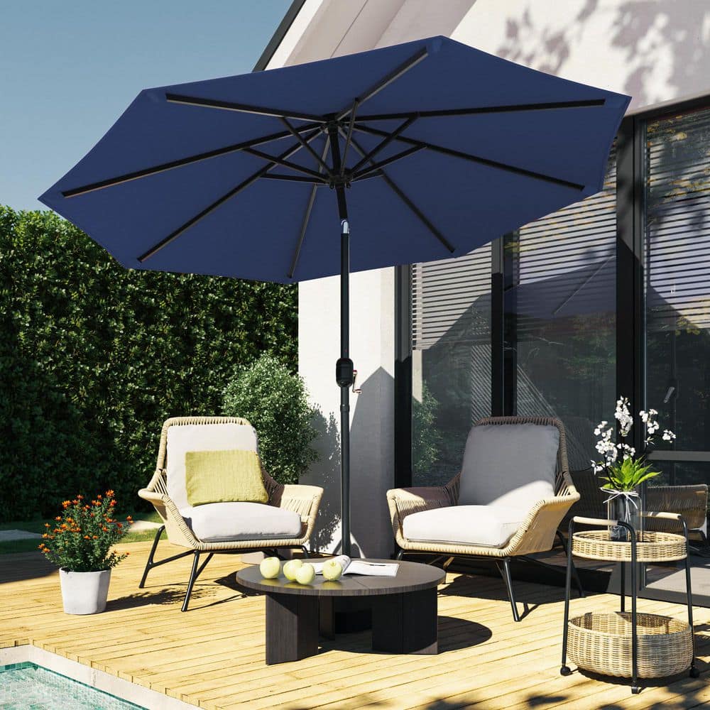blue umbrella for patio table Double Top - Push Button Tilt foot round market patio umbrella with scallop detailing features a crank Patio Umbrella Wooden 13ft 8-Rib