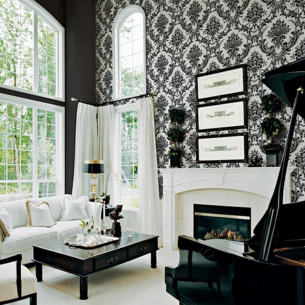 The Wallpaper Company 56 sq. ft. Black and White Mid Scale Damask Wallpaper