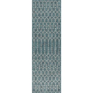 Ourika Moroccan Geometric Textured Weave Teal/Gray 2 ft. x 10 ft. Indoor/Outdoor Runner Rug