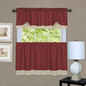 Darcy Marsala/Tan Polyester Light Filtering Rod Pocket Tier and Valance Curtain Set 58 in. W x 24 in. L