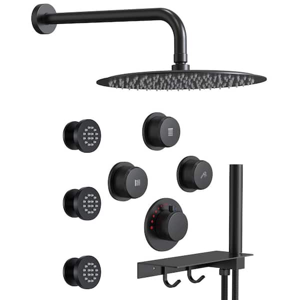 GRANDJOY FlexiRain 7-Spray 12 in. Dual Wall Mount Fixed and Handheld Shower Head 2.5 GPM in Matte Black with Rough-in Valve