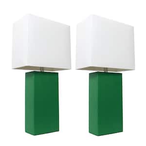 21 in. Modern Green Leather Table Lamps with White Fabric Shades (2-Pack)