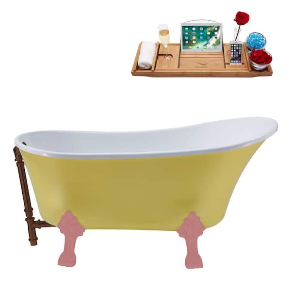 Streamline 55 in. x 26.8 in. Acrylic Clawfoot Soaking Bathtub in Matte Yellow with Matte Pink Clawfeet and Oil Rubbed Bronze Drain