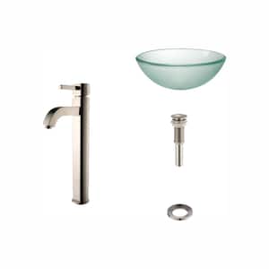 Frosted Glass Vessel Sink in Clear with Single Hole Single-Handle High-Arc Ramus Faucet in Satin Nickel
