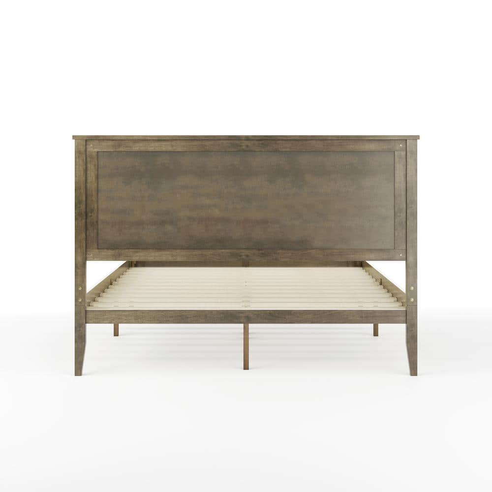 Brown Gray Queen Solid Wood Platform Bed with Headboard and Slats
