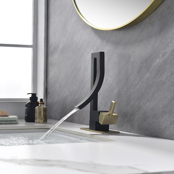 Modern Unique Single Handle Single Hole Bathroom Sink Faucet in Brushed Gold and Black