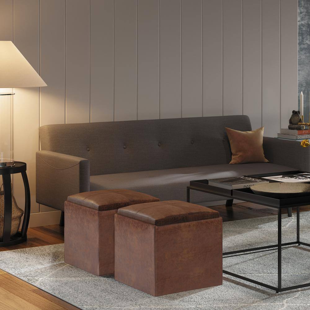 Rockwood Distressed Saddle Brown Vegan Leather Cube Ottoman