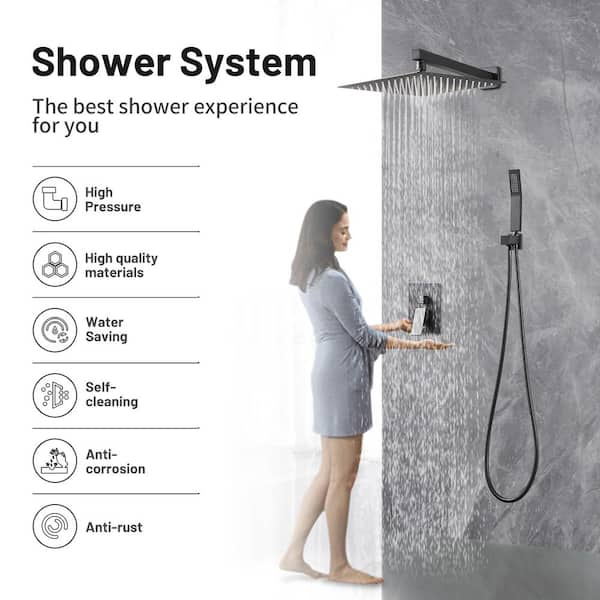 12 in. Rain Single Handle 1-Spray Shower Faucet Kit Handheld Combo w/ Valve 1.8 GPM Adjustable Dual Shower Head in Black