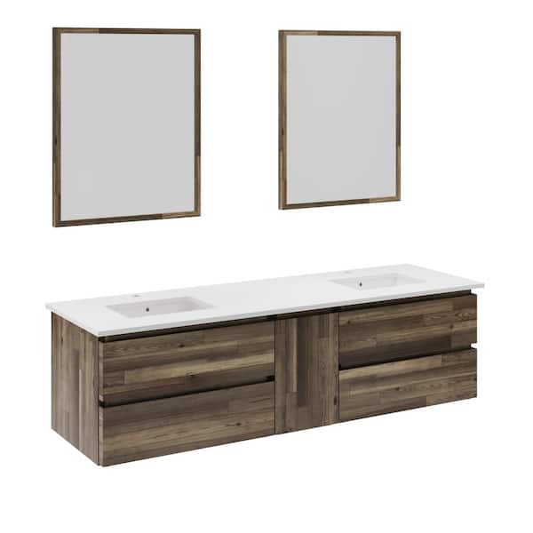 Fresca Formosa 72 in. Double Sink Wall Mount Floating Acacia Bath Vanity with White Quartz Top, Ceramic Sinks and Mirrors