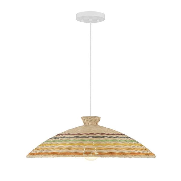 Savoy House Meridian 22 in. W x 7 in. H 1-Light Matte White Statement Pendant Light with Multi-Color Natural Rattan Shade