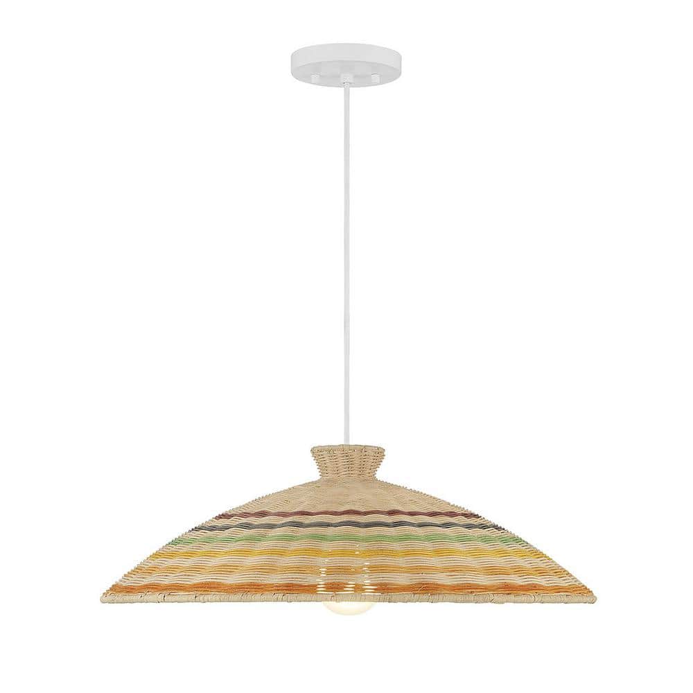 Matte White and Natural Rattan 1-Light Bowl Pendant