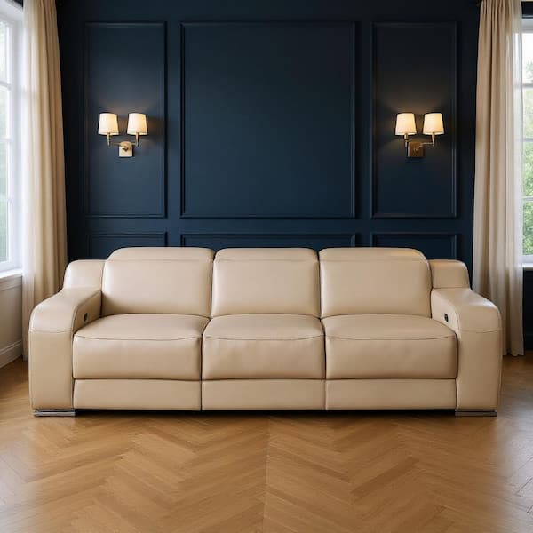 103.00 in. Straight Arm Leather Curved Sofa Beige