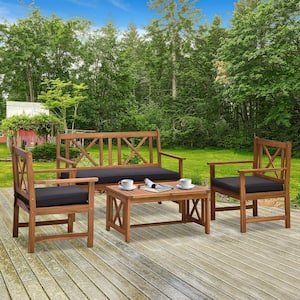 4-Piece Wooden Patio Conversation Set with Blue Cushions, 2 Armchairs, Loveseat, and Center Coffee Table
