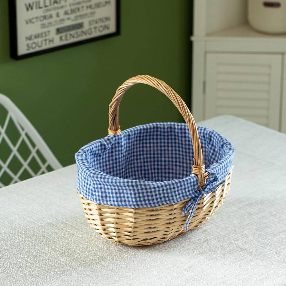 Large Natural Wicker Picnic Basket with Blue Plaid Liner