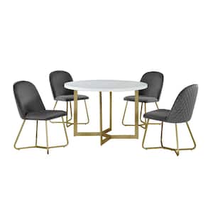 Daniela 5-Piece Circle White Wooden Top Dining Set with Dark Gray Velvet Fabric Chairs