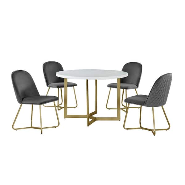 Best Quality Furniture Daniela 5-Piece Circle White Wooden Top Dining Set with Dark Gray Velvet Fabric Chairs