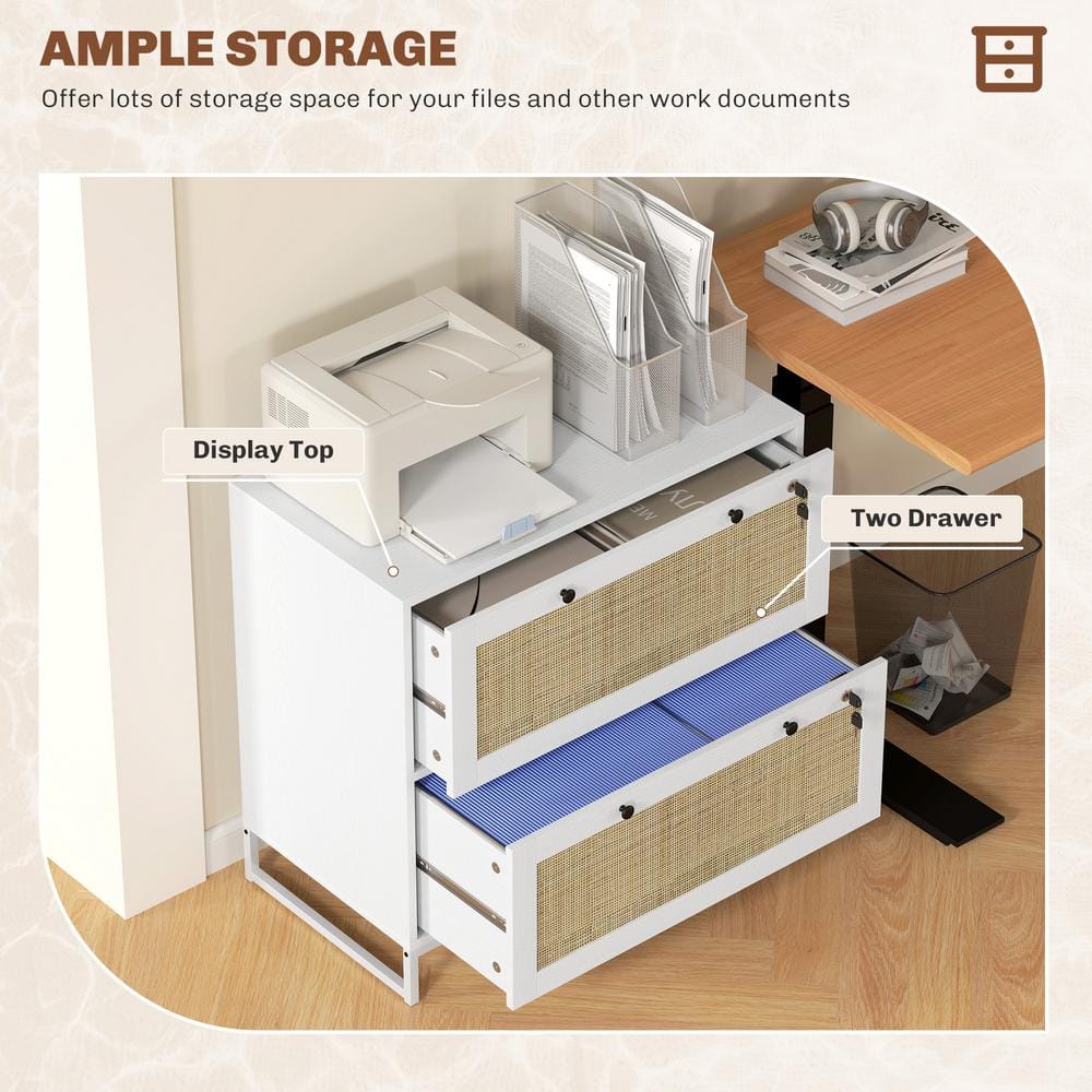White and Rattan 2-Drawer Lockable Vertical File Cabinet