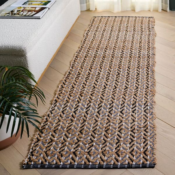 Natural Fiber 2 ft. x 8 ft. Natural/Black Geometric Striped Distressed Runner Rug