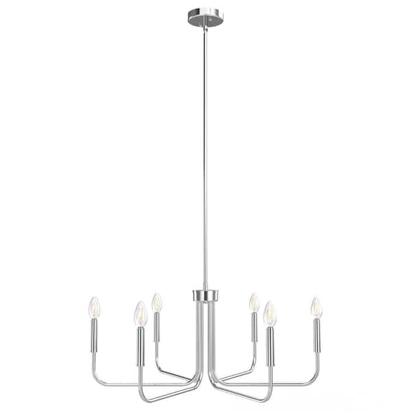 Emeritpro 6-Light Chrome Candle Chandelier, 28-Inch Straight Rod Hang light for Dining Room or Living Room No Bulbs Included