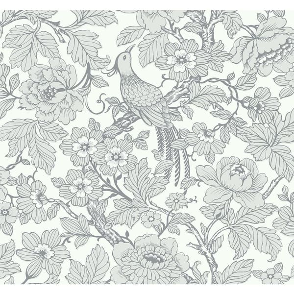 A-Street Prints Beaufort Light Grey Peony Chinoiserie Wallpaper Sample