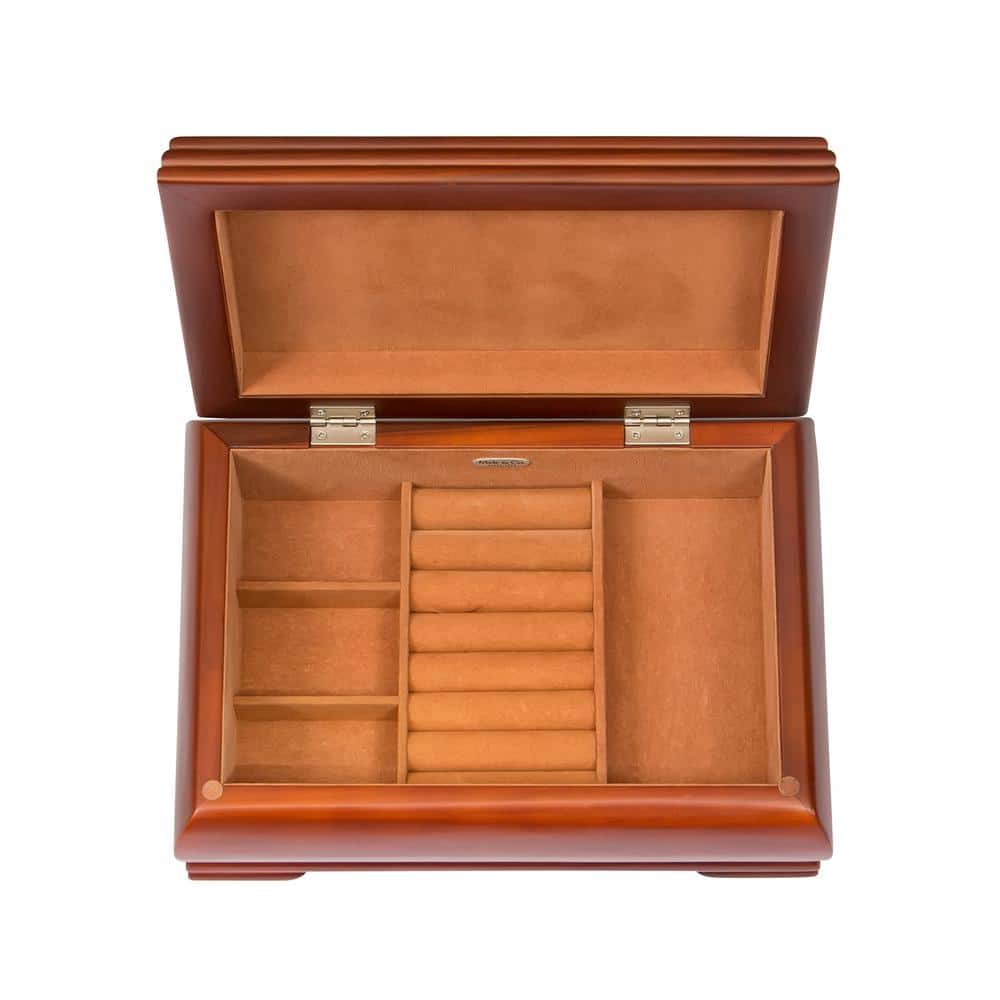 Walnut Lacquered Wooden Jewelry Box with Suede Interior
