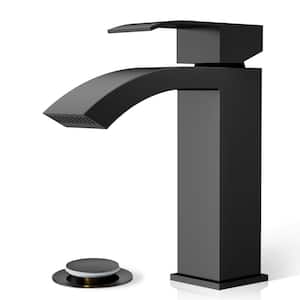 Waterfall Single Handle One Hole Bathroom Sink Faucet, Square Single Hole Basin Faucet Matte Black