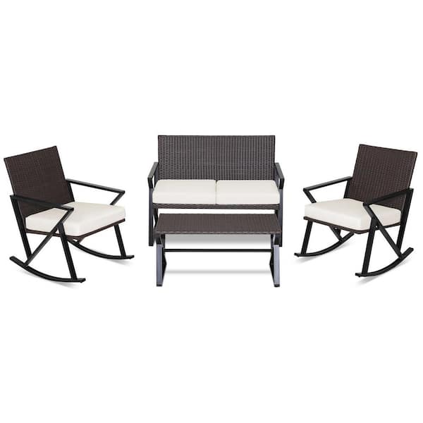 ANGELES HOME 4-Piece Wicker Rattan Rocking Patio Conversation Set with Off White Cushion, Loveseat and Coffee Table