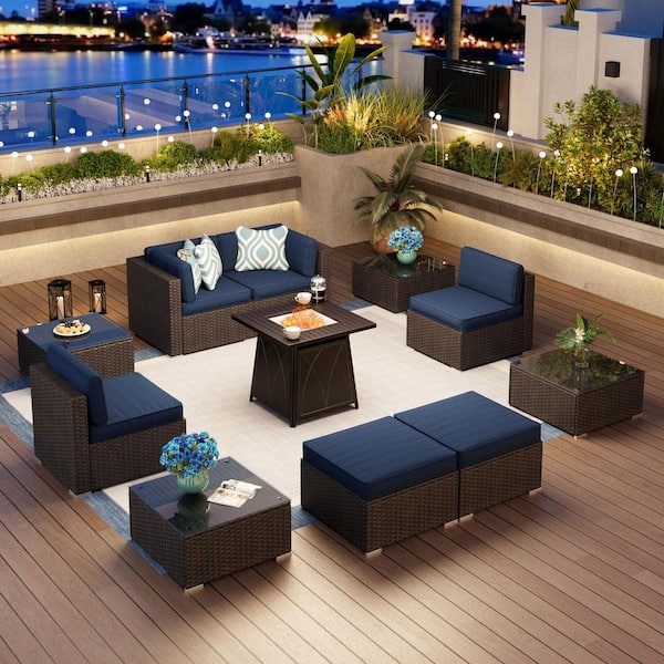 PHI VILLA Dark Brown Rattan Wicker 6-Seat 11-Piece Steel Patio Outdoor Sectional Set with Blue Cushions,Ottomans and Coffee Tables