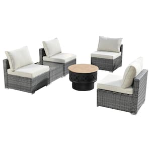 Sanibel Gray 6-Piece Wicker Outdoor Patio Conversation Sofa Chair Set with a Wood-Burning Fire Pit and Beige Cushions