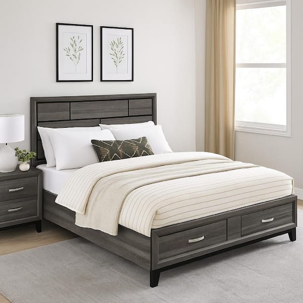 Benjara Gray Wood Frame King Platform Bed with 2-Drawers and Grooved Design