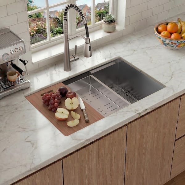 30 in. Undermount Single Bowl 16-Gauge Brushed Stainless Steel Kitchen Workstation Sink with Accessories