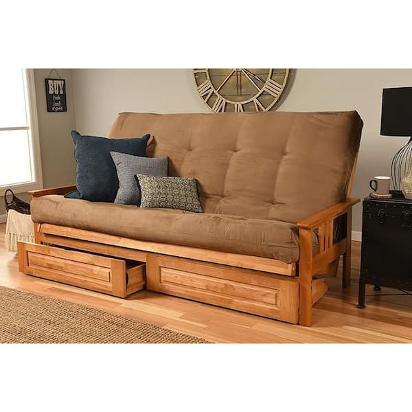 85 in. Butternut/Suede Peat Polyester Upholstered Queen Size Futon Set with Mattress and Storage Drawers