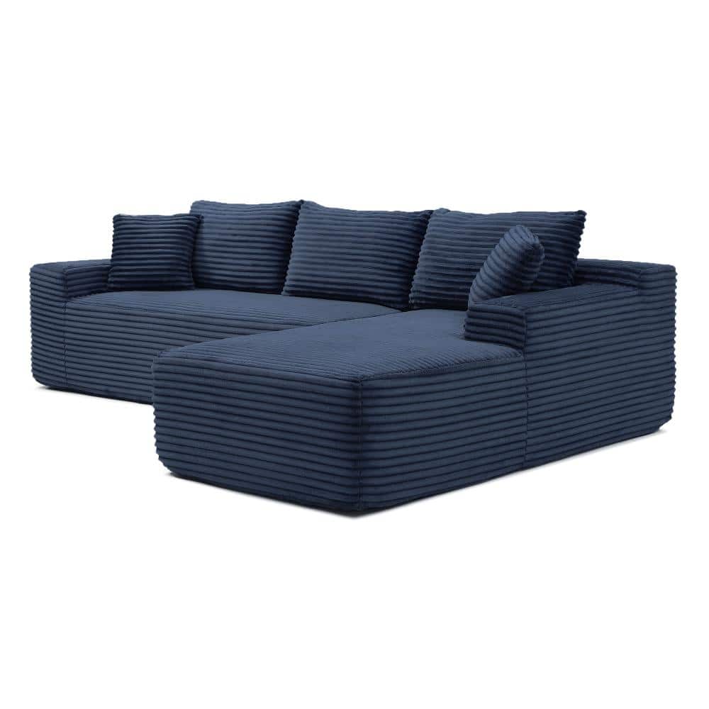 105 in Wide Modular Sectional Corduroy L-Shape Sofa with Chaise, No Assembly Deep Seat Sofa in Blue