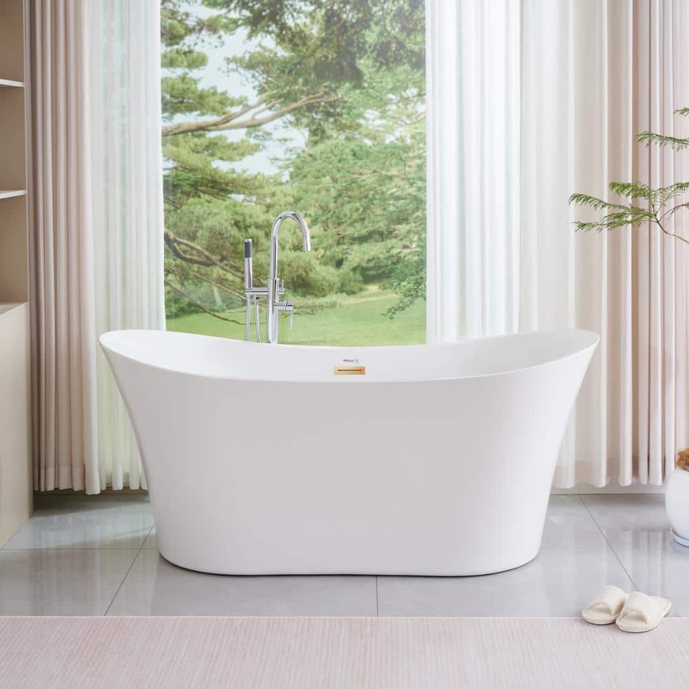 67" White Acrylic Freestanding Soaking Bathtub with Gold Trim