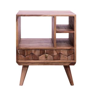 Single Drawer Brown Accent Nightstand with Open Compartments and Stone Inlaid Design 19.75 in. L x 20 in. W x 23.5 in. H