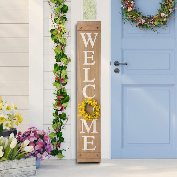 Glitzhome 60 in. H Wooden Welcome Porch Sign, with 4 Changable wreathes (Spring/Patriotic/Fall/Christmas )