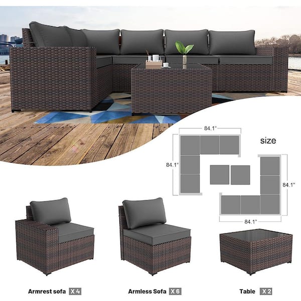 12-Piece Brown Wicker Outdoor Sectional Set with Glass Coffee Table and Gray Cushions, Patio Chat