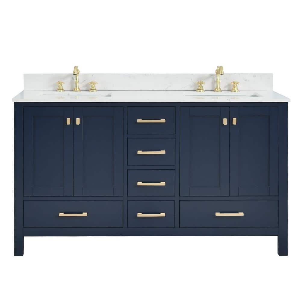 GlamourAura 60 in. W Double Sink Navy Blue Bath Vanity in White with White Engineered Stone Top price history on PriceWatchPro