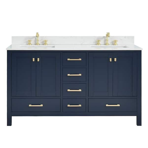 GlamourAura 60 in. W Double Sink Navy Blue Bath Vanity in White with White Engineered Stone Top