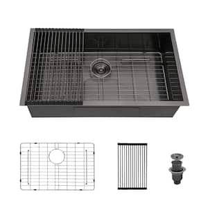28 in. Undermount Single Bowl 18-Gauge Gunmetal Black Stainless Steel Kitchen Sink with Bottom Grid and Drain Assembly