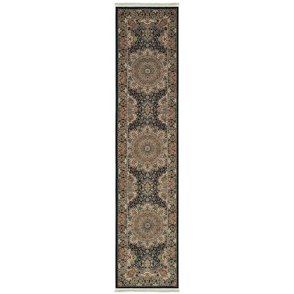 2 ft. x 10 ft. Black, White, Orange Medallion Washable Area Rug