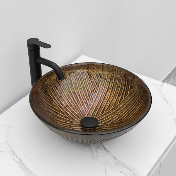 16-1/2 in. Oil Rubbed Bronze Glass Round Vessel Bathroom Sink with Black Pop-up Drain