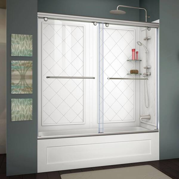 DreamLine Charisma 56 in. - 60 in. x 60 in. Semi-Frameless Sliding Tub Door in Brushed Nickel and Backwall with Glass Shelves