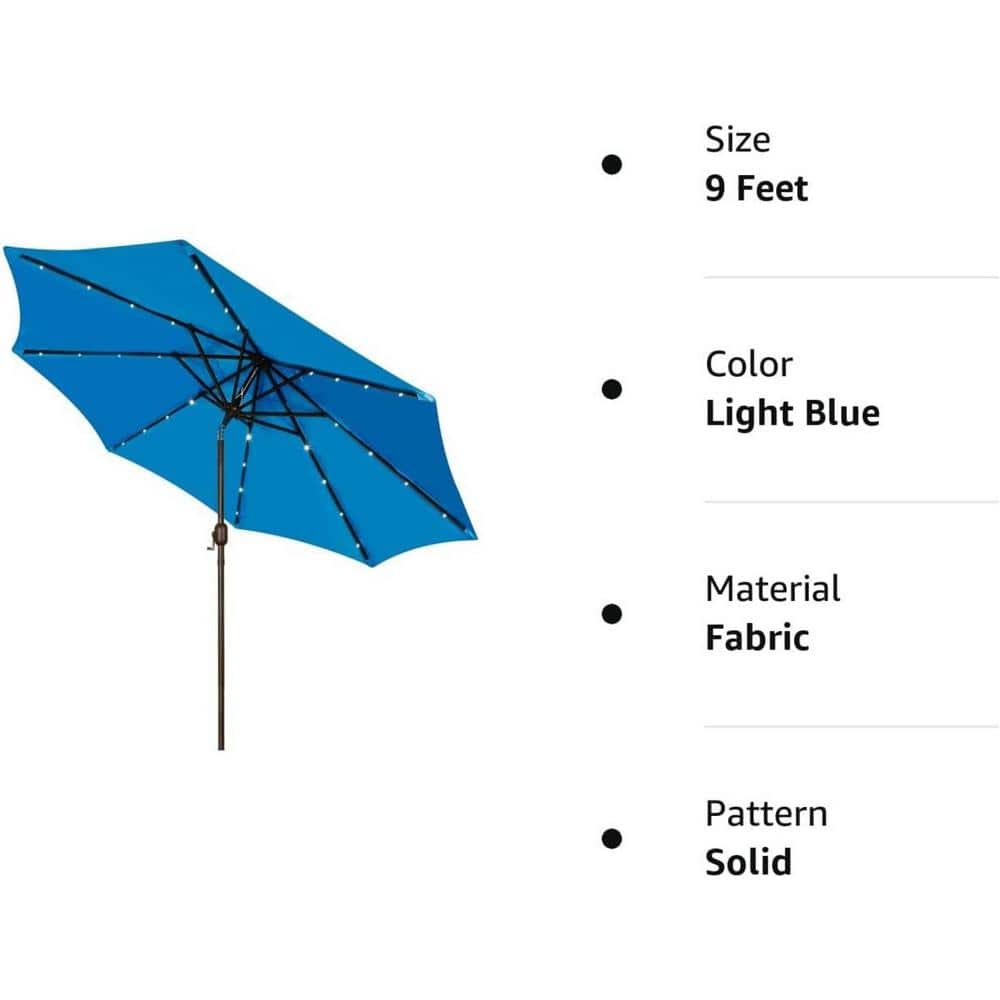 Light Blue 9 ft LED Lighted Market Beach Umbrella with Black Aluminum Pole