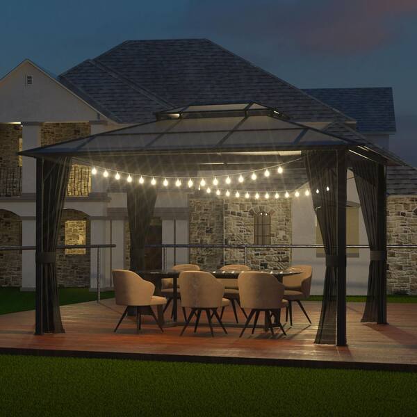 VEIKOUS 13 ft. x 10 ft. Polycarbonate Double Top Gazebo with Black Netting  PG0201-19