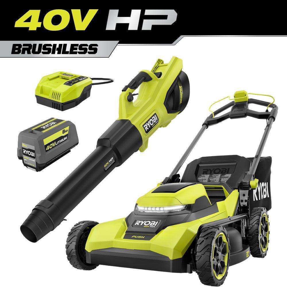 40V HP Brushless 21 in. Cordless Battery Walk Behind Push Lawn Mower w/ 800 CFM Leaf Blower, 8.0 Ah Battery and Charger