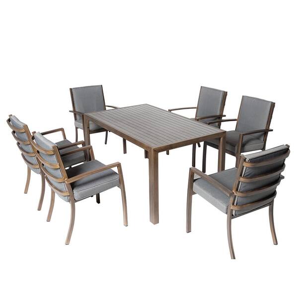 PATIOPTION Patio Dining Set, 7-Piece Aluminum Outdoor Dining Set with Gray Cushion and 57 in. Rectangle Table plus 6 Armchair
